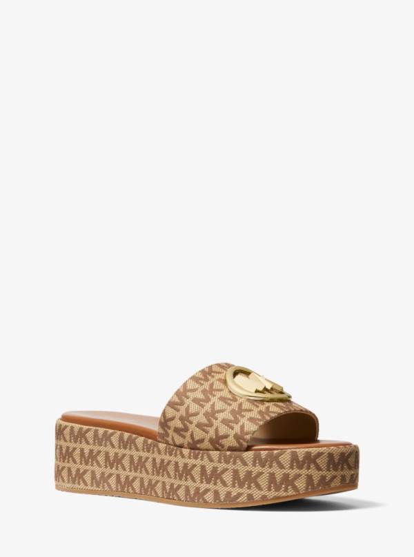 Damske Slapky Michael Kors Sadler Logo Jacquard Wedge Sandal Hnede Béžové - Topanky Michael Kors Akcia | INUHA-7154